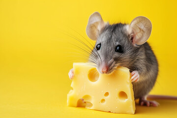 funny mouse with a piece of cheese on the bright background