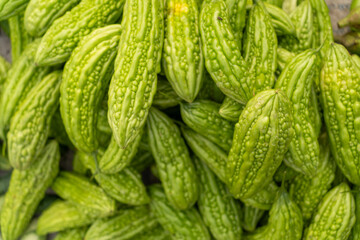Close up of fresh bitter gourd fruit, balsam apple, balsam pear, bitter cucumber