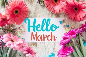 Beautiful flowers with text HELLO MARCH on color background