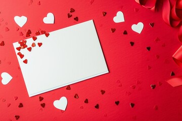 White close up valentine card among heart-shaped confetti on a red background with copy space. Concept of love letters for valentine's day, love anniversary wedding