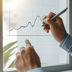 Person drawing a growth graph on a glass board in an office isolated on white background, hyperrealism, png

