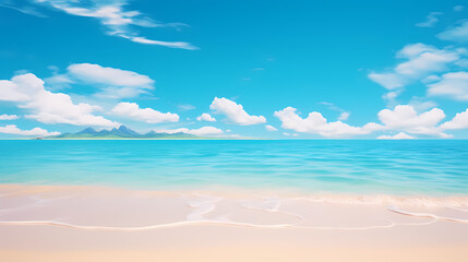 Obraz premium Sandy beach with light blue transparent water waves and sunlight, tranquil aerial beach scene