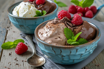 Trio of tasty chocolate vanilla dessert in a blue bowl