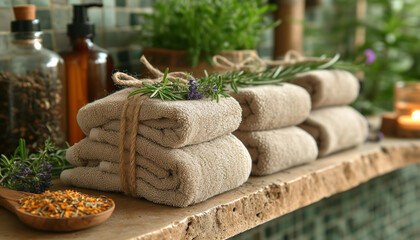 Obraz na płótnie Canvas Towels with herbal bags in spa center