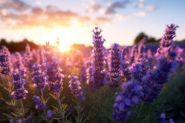 Lavender flowers basking in the warm glow of the setting sun
