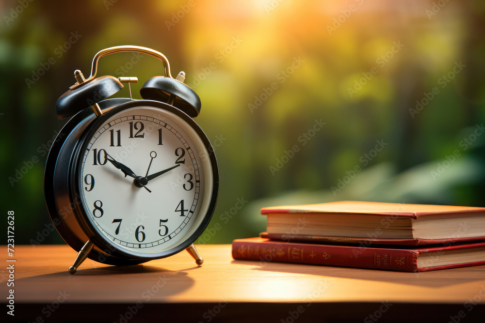 Poster alarm clock stands in front of a stack of books, symbolizing time management and education