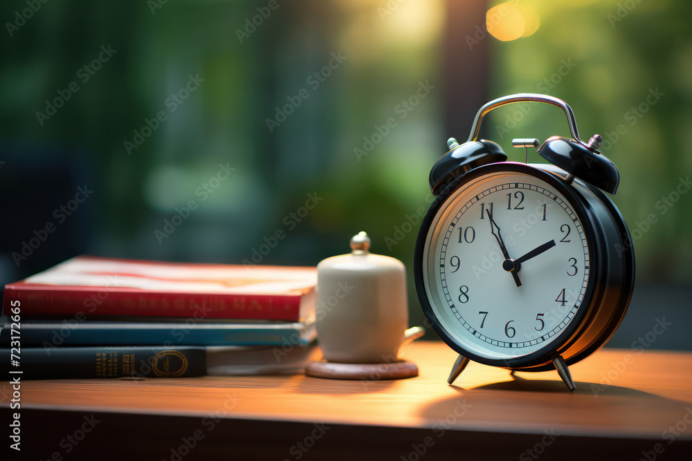 Poster alarm clock stands in front of a stack of books, symbolizing time management and education