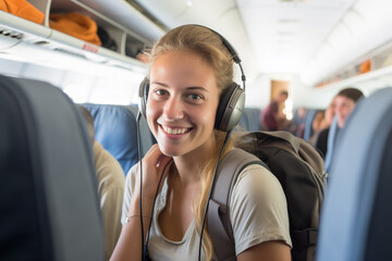 female passenger on the plane bokeh style background