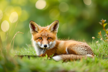 Young Red Fox Lying on the Grass in A Green Natural Background