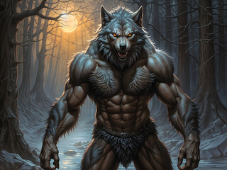 A muscular wolf man with glowing eyes stands in a dark forest. The sun is setting in the background.