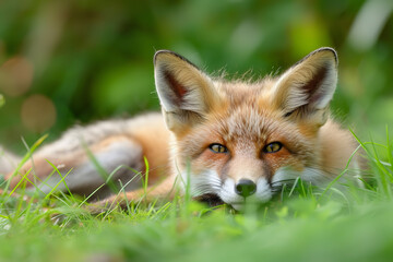 Obraz premium Young Red Fox Lying on the Grass in A Green Natural Background