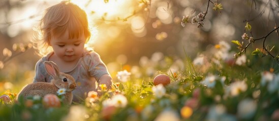 Adorable little girl playing with easter bunny on spring meadow. Generative AI.