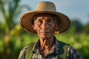 Fototapeta premium Elderly male farmer with weathered skin wearing a straw hat, showcasing agricultural experience