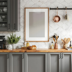 beautiful Kitchen interior empty white frame mockup style. 3d render