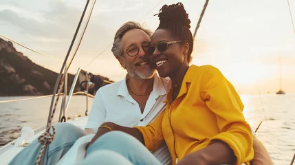 Zelfklevend Fotobehang A white man and a black woman, sailing on a sailboat at sunset © JesusVDR