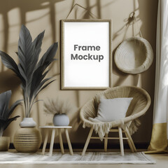table and chairs room modern living room with Frame Mockup interior, 3d render