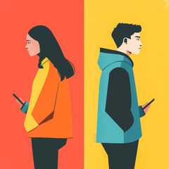 Couple standing with back to back with mobiles in the hands 