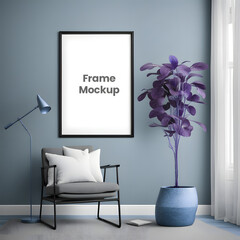 Mockup frame Living room interior with white empty poster on the wall, 3d render