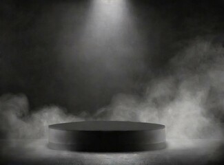 Podium black dark smoke background product platform abstract stage texture fog spotlight. Dark black floor podium dramatic empty night room table concrete wall scene place display studio smoky dust.