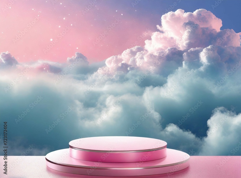 Poster Pink and white podium between clouds