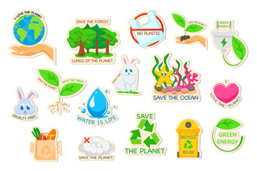 Sticker collection for ecological lifestyle. Set of ecology stickers with slogans - green energy, save the trees, zero waste, save the ocean, no plastic, , save the planet, love the planet