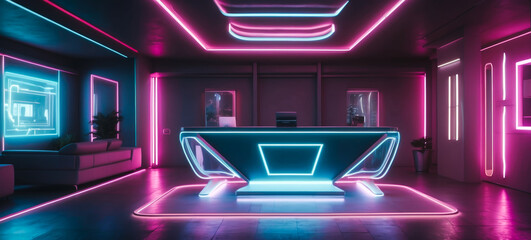 Obraz premium neon cyber futuristic themed lighting reception area as mockup wide banner with copy space