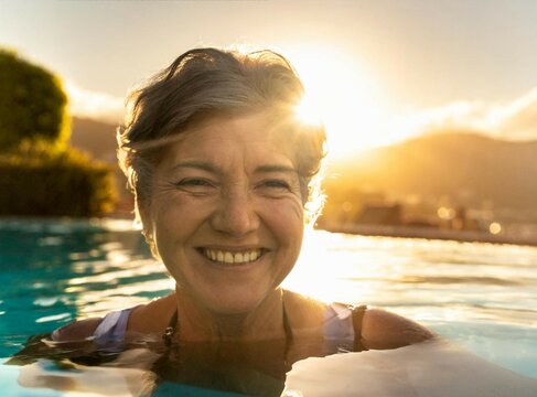 Mature woman smiling in resort pool. Aquagym class. Closeup portrait.