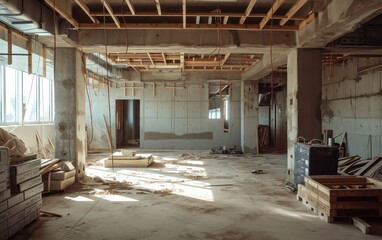 The building under construction is a raw and unfinished space with rough.
