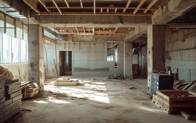 Fototapeta premium The building under construction is a raw and unfinished space with rough.