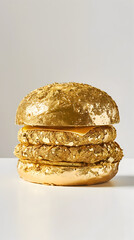 gold cheeseburger is stacked with two buns, a layer of cheese, and a top bun. The burger sits on a white counter with a white background.
