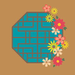 Traditional historical asian window. Abstract Chinese window with flowers.