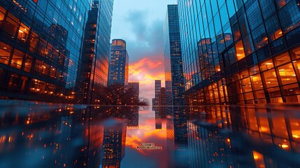 Urban landscapes wallpaper at the golden hour, with the sun setting behind towering skyscrapers, casting warm reflections on glass facades and creating a breathtaking city silhouette. - obrazy, fototapety, plakaty