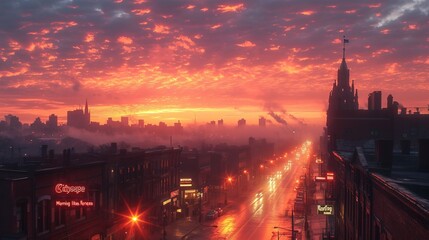 Obraz premium Early morning urban landscapes captured from rooftop terraces, bathed in warm hues, showcasing the peaceful side of waking city life. AI