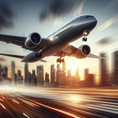 Fototapeta na wymiar Airplane taking off from Airport runway, Commercial plane and Travel concept, Aircraft with motion, jet, Passenger airplane ready for flight. airliner, Aviation and Travel Concept.