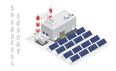 solar cell energy, solar cell power plant, solar farm isometric graphic