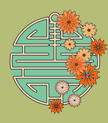 Traditional historical asian window. Abstract illustration in green background and orange flowers. Traditional Chinese window.
