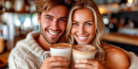 couple in love drinks coffee together. Valentine's Day. Generative AI