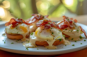 Trio of Egg Benedict - Poached Eggs and Meat on a White Plate
