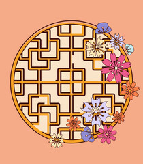 Traditional Chinese Greeting Card Template. In pastel colours, with flowers. Traditional historical window. 
