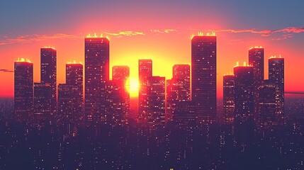 Fototapeta premium Сityscape at dusk, featuring illuminated office buildings and a skyline that exudes professionalism and business sophistication. 