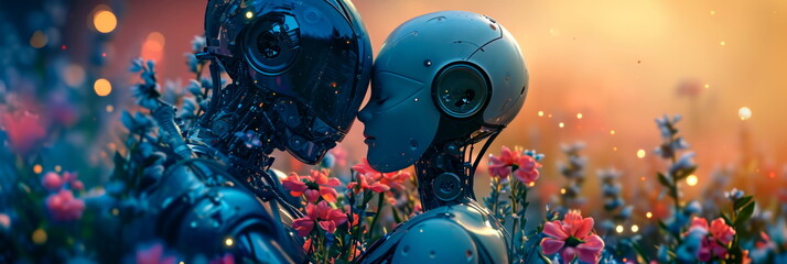 Love Without Borders, Two robots in love hug among flowers . Generative AI
