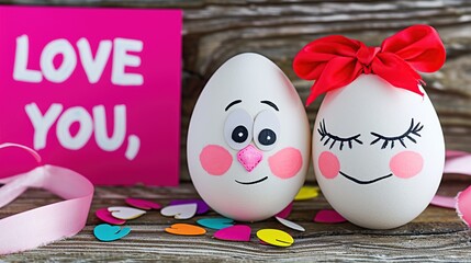 Couple funny egg with drawn faces and ribbon. Fall in love and affection concept.