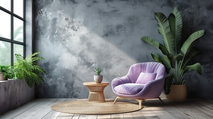 Contemporary living room design featuring a stylish lavender armchair for a touch of elegance