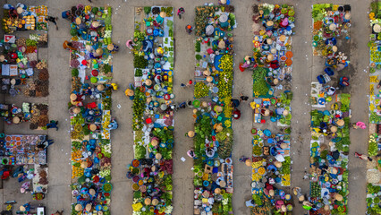 Aerial view of busy local daily life of the morning local market in Vi Thanh or Chom Hom market,...