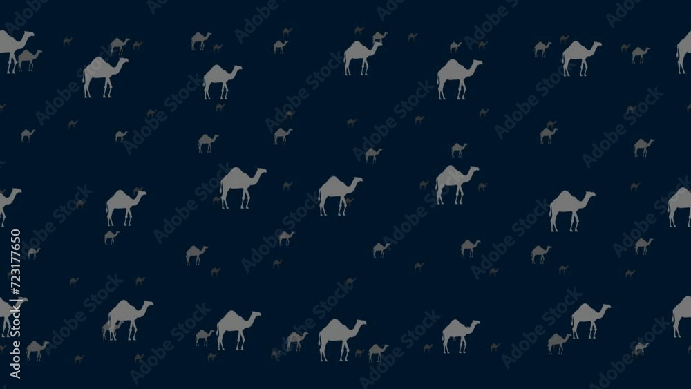 Poster camel symbols float horizontally from left to right. parallax fly effect. floating symbols are locat