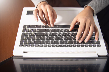 Fototapeta na wymiar Woman using laptop while sitting at home