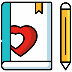velantine day red blue yellow gray black line color out line book and pencil  icon 