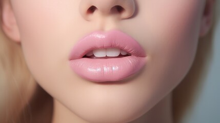 Girl's pink lips close-up, delicate makeup