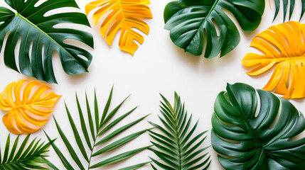 Website design, few green and yellow color jungle leaves on white background.