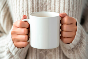 Woman holding a white mug mockup.